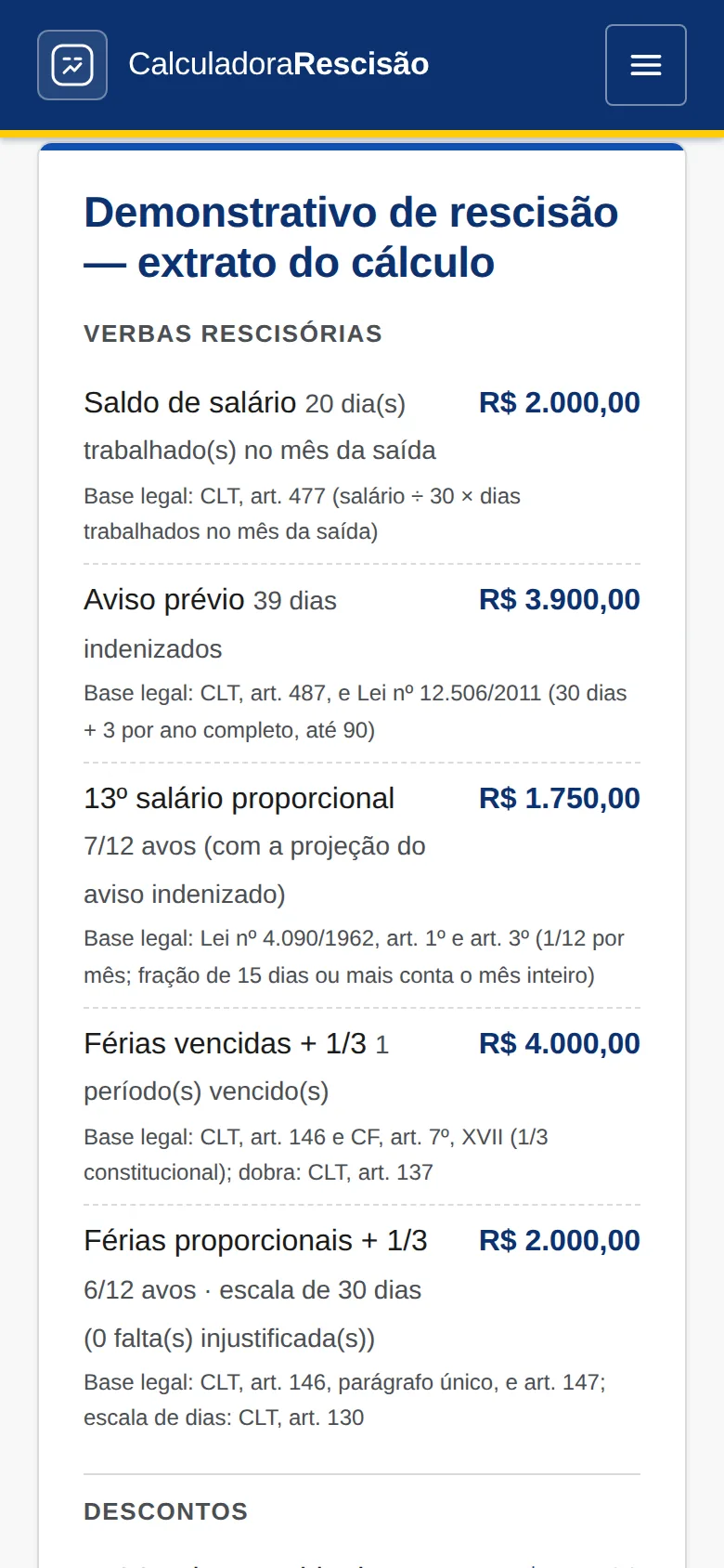 Tela da calculadora de rescisão completa em um celular, exibindo o resultado do cálculo com o valor líquido estimado
